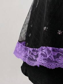 Sunspun Áo hai dây lửng kiểu dáng thanh lịch, ngọt ngào, chất liệu lưới xuyên thấu họa tiết bông tuyết, viền ren và nơ, thích hợp cho mùa Xuân/Hè/Thu. - Màu tím - Xem 7