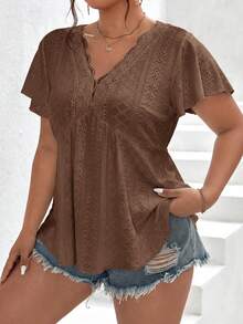 SHEIN Frenchy Camiseta de muñeca con mangas de mariposa, con encaje de contraste y volantes - Marrón - Ver 5
