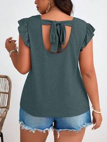 SHEIN Frenchy Camiseta casual de mujer talla grande con mangas de volantes, espalda con nudo, unicolor, top casual de verano, top de manga corta lindo con volantes - Verde - Ver 3