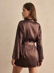 Charlaine 女士纯色落肩长袖腰系带优雅睡袍 - 巧克力棕 - 查看 3