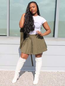 Steph T Solid Color Loose Waist Blazer Jacket And A-Line Pleated Skirt Suit, Early Autumn - Green - View 3