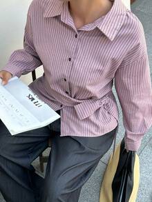 Dazy Plus Fashionable Turndown Collar Casual Striped Loose Asymmetrical Cinched Waist Long Sleeve Commuting Shirt - Pink - View 7