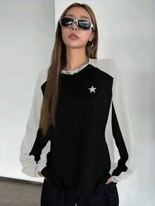 DAZY Áo thun tay lỡ họa tiết ngôi sao phối màu Y2k, quần áo thu dài tay cho nữ - màu đen - Xem 2