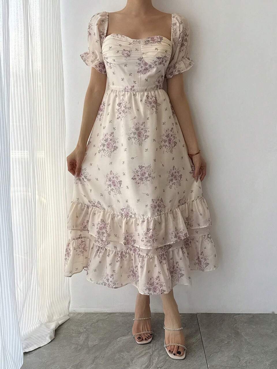 Women's Summer Elegant Floral All-Over Print Ruffle Hem Long Dress