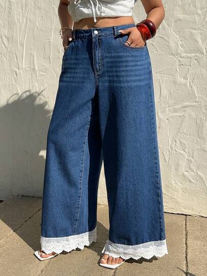 Sunnyshic Quần jeans ống rộng phối ren dành cho nữ cỡ lớn, kiểu dáng thời trang mới, rộng rãi, tôn dáng cho người có thân hình quả lê.