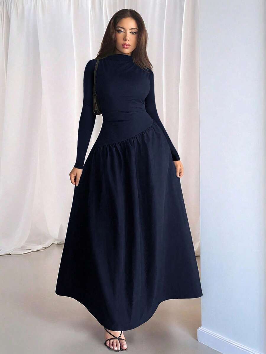 Firerie Vestido Longo Preto Sólido Elegante de Malha Jacquard Splice Bodycon, Adequado para Primavera, Outono e Inverno, Vestido Midi de Manga Longa com Gola Alta, para Ir e Vir/Férias/Praia/Romântico/Encontro/Dia dos Namorados/Concerto/Apresentação/Casamento/Volta às Aulas/Dia do Professor/Chá da Tarde - Azul Marinho - Visão 1