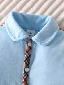 4pcs Baby Romper Set, White With Plaid Drawstring Design, Includes Matching Swaddle Blanket, Hat And Bib - Baby Blue - View 3