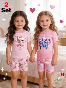 1 Set Baby Girls' Coffee Girl & Girl Group Print Contrast Collar & Cuff Design Knit Tight Fit Round Neck Short Sleeve Top And Allover Print Pants Pajama Set, Spring/Summer - Pink - View 3