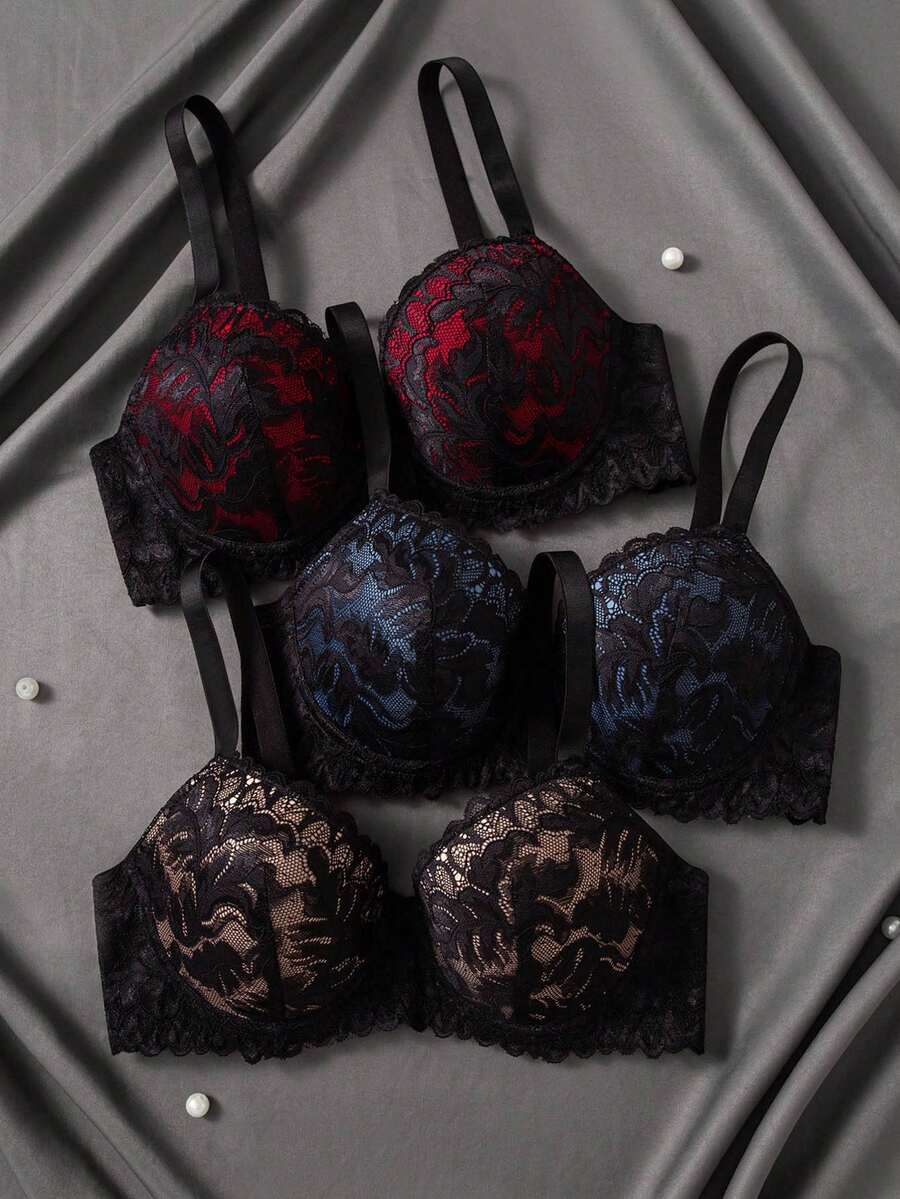 DesireSculpt 3件套性感蕾丝拼接女士内衣套装 - 彩色 - 查看 1