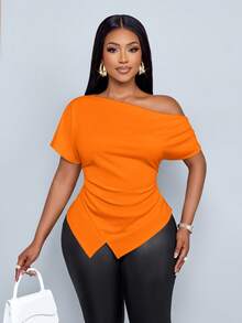 SOLERSUN Women's Elegant Asymmetric Neckline Ruched Asymmetric Hem T-Shirt - Orange - View 3