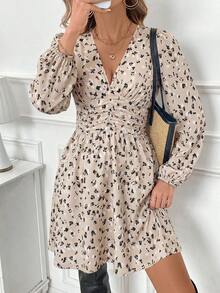 SHEIN Frenchy Women's V-Neck Allover Print Ruched Waist Elegant Party Mini Dress - Khaki - View 5