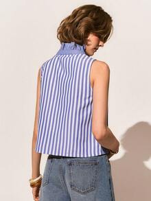 Poéselle 女士条纹前系带荷叶边立领时尚吊带背心 - 藍色 - 查看 3