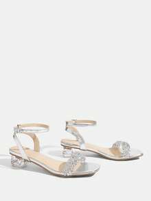 CUCCOO TILAWA 女士时尚水晶玻璃水钻装饰高跟凉鞋，适合户外活动和派对，春季鞋款，春假复活节舞会高跟鞋 - 銀色 - 查看 3