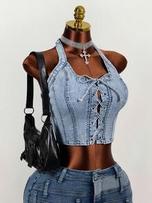 Mistrie 女士破洞系带露脐吊带牛仔上衣 - 藍色 - 查看 6