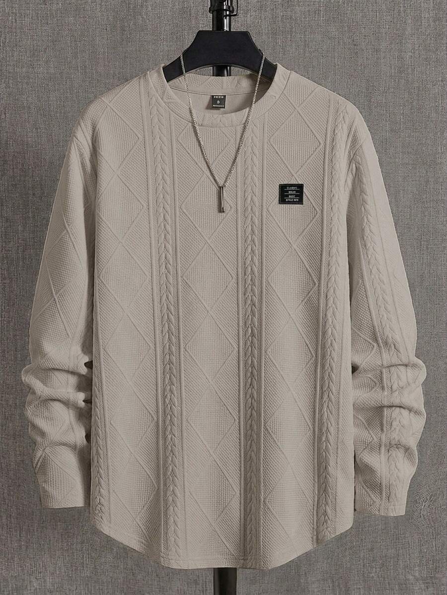 NEON BLANC Men's Round Neck Diamond Patch Casual Versatile Daily Wear Long Sleeve T-Shirt - Khaki - View 1