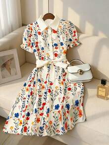 SHEIN Franclia 女士碎花连衣裙、女士泡泡袖连衣裙、女士系腰连衣裙 - 彩色 - 查看 3