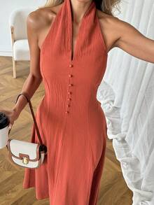 SHEIN LUNE 女士休闲纯色无袖长连衣裙，适合春夏度假、日常通勤和时尚穿着。 - 紅木色 - 查看 7