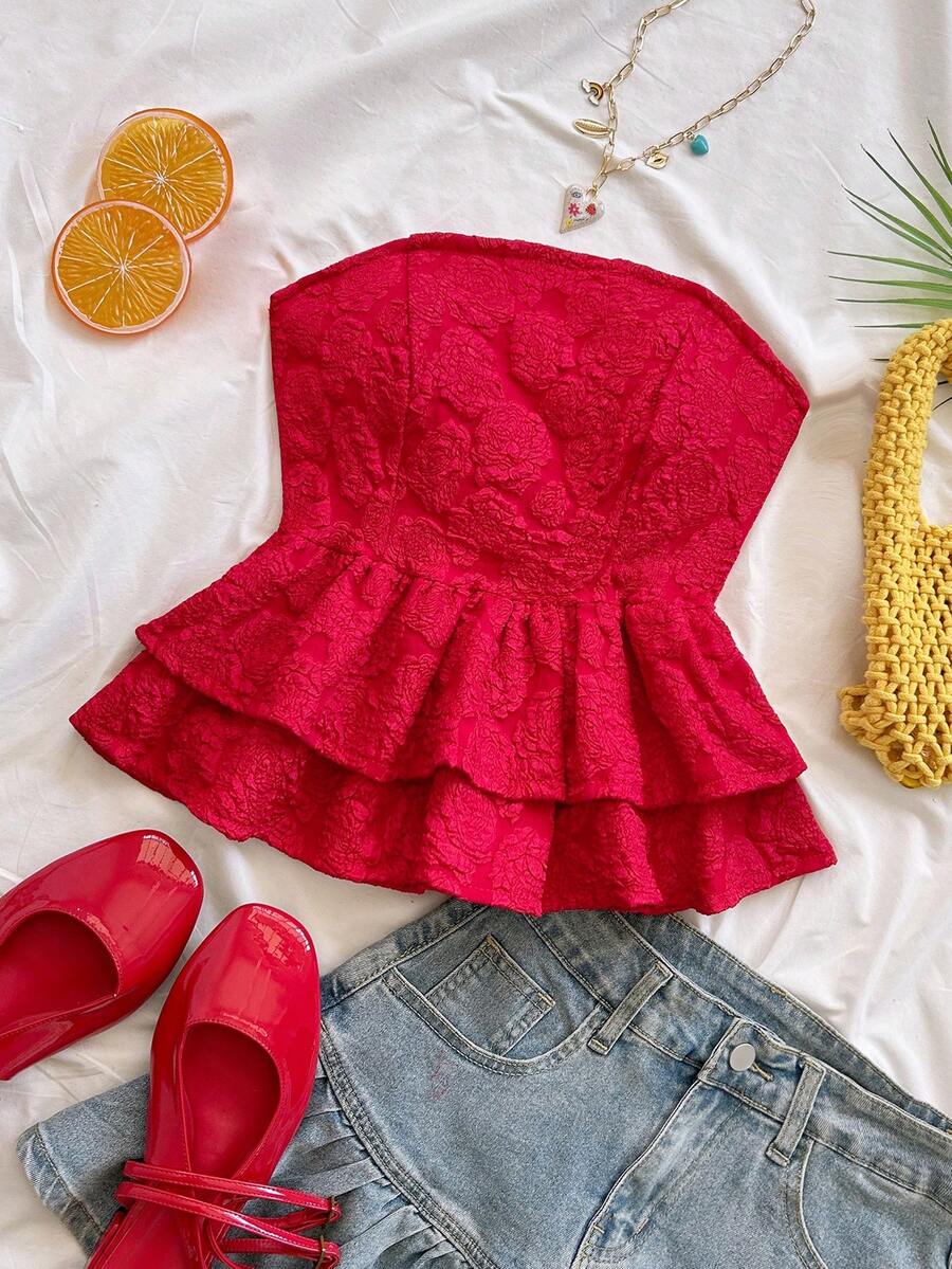 Soleia Áo ống nữ kiểu dáng thường ngày, chất liệu jacquard, màu trơn, có bèo nhún ở gấu, thích hợp cho mùa hè. - Đỏ - Xem 1