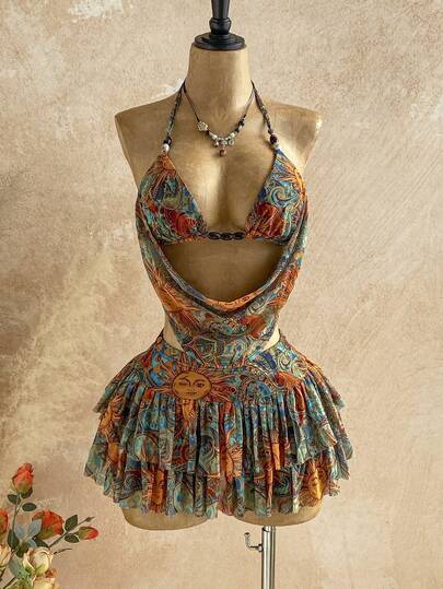 Soleia Conjunto de 2 piezas de top halter con estampado total y falda mini con volantes para vacaciones de verano de mujer