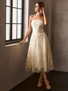 MOTF Soiréza VESTIDO TUBO CON SUPERPOSICIÓN DE MALLA CON PATRÓN FLORAL DE CUENTAS DE PERLAS FALSAS - Amarillo - Ver 2