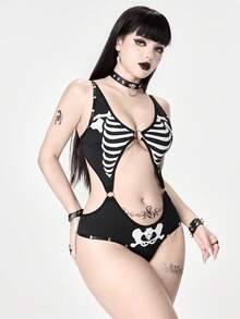 Bộ jumpsuit nữ phong cách Gothic bằng lụa sữa với họa tiết xương và chi tiết đinh tán, gợi cảm. - màu đen - Xem 5