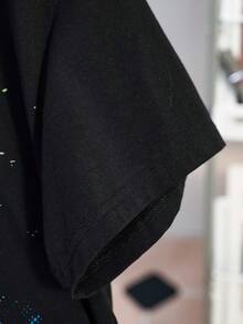 SpongeBob SquarePants | SHEIN Women's Casual Everyday Commute Funny Cute Cartoon Letter Print Dropped Shoulder Loose Black T-Shirt, Summer - Black - View 4