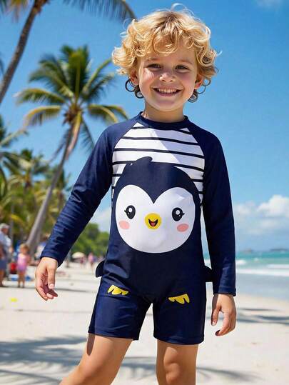 SHEIN Bubblio 男童可爱企鹅条纹印花长袖罩衫泳衣，舒适防护泳装，适合户外度假、游泳、温泉、海滩、冲浪，春夏季节皆宜。