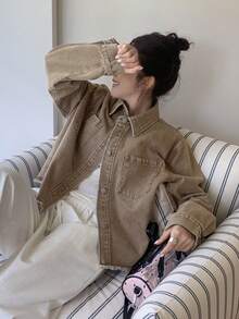 Dazy Plus Vintage Washed Khaki Loose Pocket Turndown Collar Long Sleeve Shirt + Frayed Hem Denim Jacket, Countryside Style, Spring/Autumn - Khaki - View 3