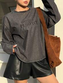 Dazy Plus Áo thun cổ tròn thêu chữ cổ điển dành cho nữ cỡ lớn, phong cách đường phố thường ngày, cỡ lớn, mùa thu/đông - Màu xám đen - Xem 7