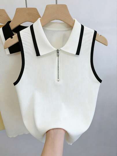 Franclia Camiseta de cuello polo sin mangas con ribete de contraste para mujer