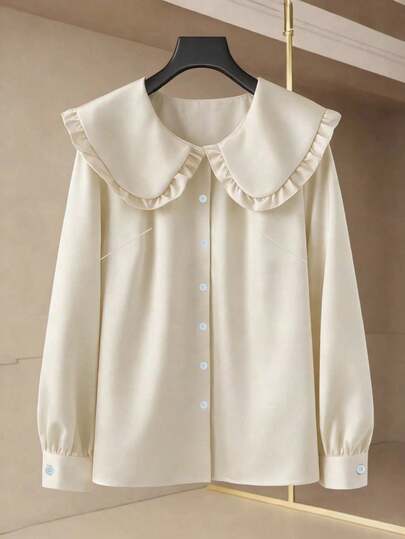 GlowEve CURVE 大码女式休闲纯色彼得潘领荷叶边衬衫