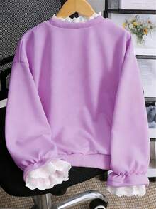 SHEIN Genkimix Kids Girls' Casual Korean Style Lace Patchwork Embroidered Collar Flared Lace Cuff Sweatshirt, Suitable For Outings, School, And Commuting - Violet Purple - View 2