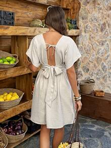 Breezaya Cinched Dress (Cotton-Linen Like) - Bohemian Style For Casual Vacation, Daily Outings, Women's Spring & Summer Dress - Apricot - View 2