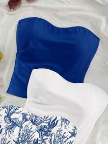 Soleia Bộ đồ 3 món màu xanh dương và trắng không dây vai, họa tiết vỏ sò san hô, trang phục nghỉ mát gợi cảm dành cho nữ, phong cách lễ hội mùa xuân hè, cô gái đảo nhiệt đới, kỳ nghỉ lãng mạn bên bờ biển, mùa xuân. - Nhiều màu - Xem 3