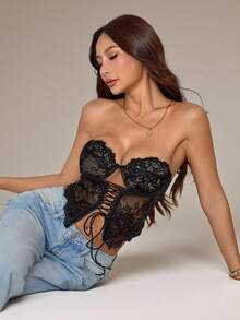SHEIN PETITE Sexy Lace Criss-Cross Bandeau Crop Top, Summer,Wrap Top,Halloween Clothes Women ,Halloween Costume - Black - View 7