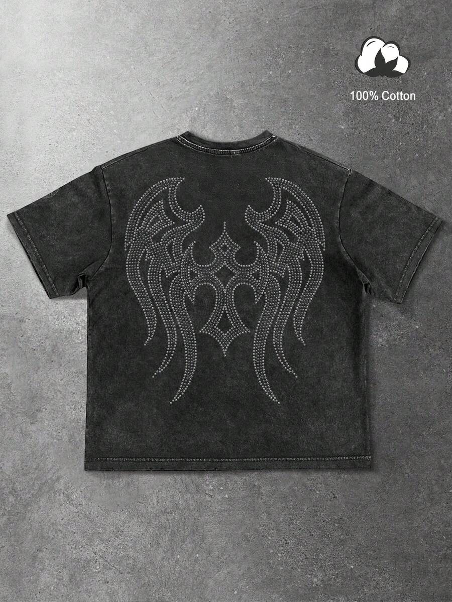 Manfinity EMRG Men's Wing & Cross Print Street Style Round Neck 100% Cotton Short Sleeve T-Shirt - Black - View 1