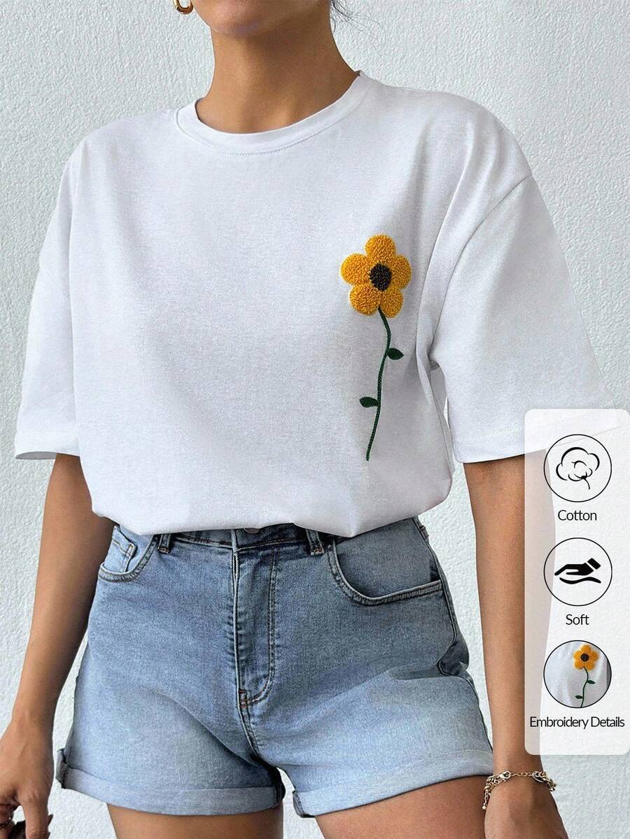 SHEIN 100%純棉大尺碼女款休閒短袖白色T恤,附刺繡細節 - 白色 - 查看 1