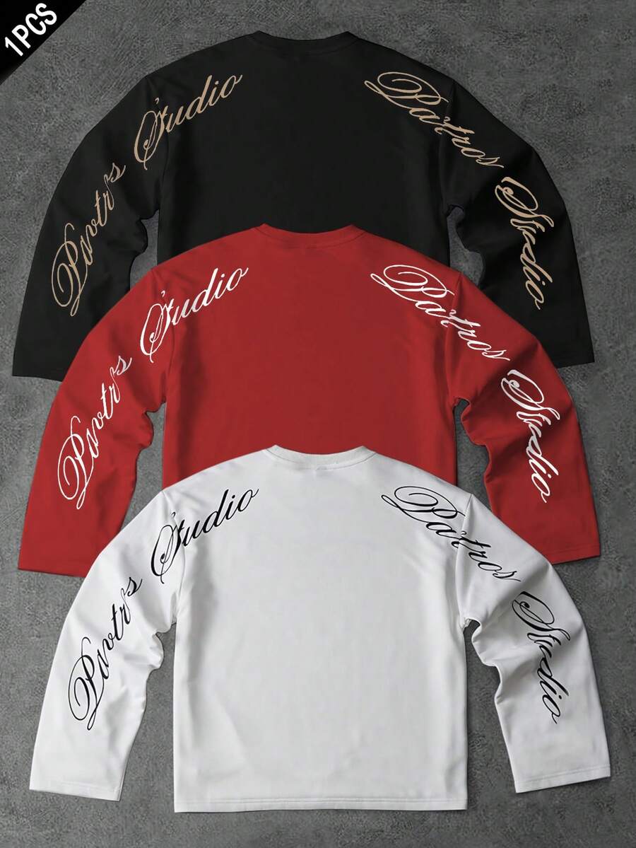 PAVTROS 男士舒适个性化字母图案圆领长袖T恤，秋季款 - 白色 - 查看 1