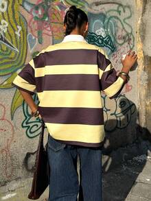 Muchica This Women's Casual Everyday Commuter Polo-Neck, Drop-Shoulder Loose-Fitting T-Shirt Features Embroidered Lettering And Contrasting Stripes, Perfect For Spring And Autumn.Going Out Outfits Graphic Tees Women - Multicolor - View 2