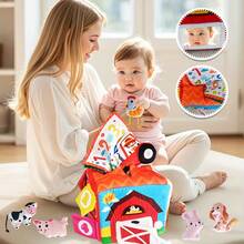 MINKOJA 婴儿农场小屋布书，农场动物布艺玩具，迷你农场小屋盒装小房子娃娃，6-12个月婴儿玩具，13件套惊喜谷仓玩具，含毛绒农场动物、摇铃、软纸、镜子。复活节，复活节礼物，儿童节，婴儿用品，婴儿必需品，婴儿玩具，婴儿摇铃和毛绒戒指 - 彩色 - 查看 6