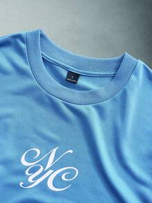 STYNVO T-shirt à manches courtes col rond avec graphique lettrage, décontracté pour homme, été - Bleu azur - Voir 4