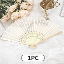 10/5/2/1 件装丝绸扇子装饰素色布扇婚礼礼物折叠竹扇 DIY 桌面悬挂装饰 - 米色 - 查看 3