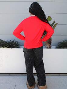 Steph T 休闲简约印花图案红色圆领长袖宽松女式运动衫，适合秋冬季 - 紅色 - 查看 2