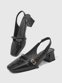 Sleekvia New Spring/Autumn Black Square Toe Chunky Heel Strap Backless Comfortable Non-Slip Fashionable Versatile Women High Heels - Black - View 2
