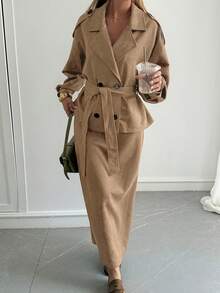 Livesso Women's Solid Color Notched Collar Double-Breasted Tie Waist Long Sleeve Jacket And Skirt 2-Piece Set, French Chic Street Style - Khaki - View 4