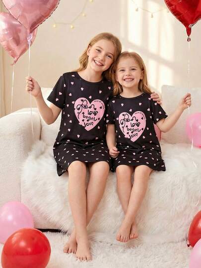 Tween Girls Pajamas-Spring To Summer Dress Round Neck Short Sleeve Heart Print Black Pink Nightshirt Matching Family Sleepwear Holiday 2026 Essential Four Seasons Comfortable Soft Stretchy Casual Home Gift Playful Cute Lightweight Easy Machine Washable Valentine's Day Sleep Wear Kids Girls Dress