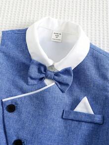 SHEIN 三件套男童绅士套装：蓝色松紧腰背心、斜襟长袖衬衫和领结，适合春夏穿着。 - 藍色 - 查看 6