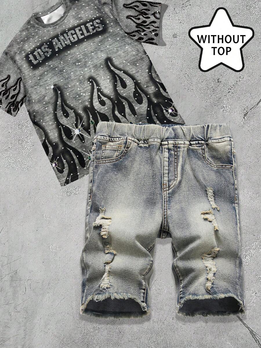 SHEIN 青少年男孩时尚休闲复古酷炫街头镂空破洞磨边复古蓝色弹力牛仔短裤，适合日常穿着以及春夏锐舞节和街头潮流，2026春夏新款 - 藍色 - 查看 1