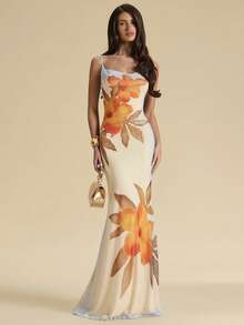 SHEIN BAE 黄色碎花垂领连衣裙，优雅女士长裙，适合海滩度假和夏季穿着。 - 杏色 - 查看 3