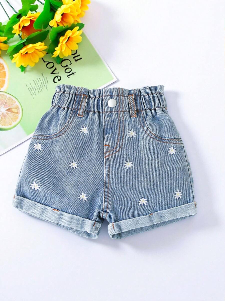 SHEIN 女婴休闲宽松腰部荷叶边牛仔短裤，黑色 - 中等水洗藍 - 查看 1